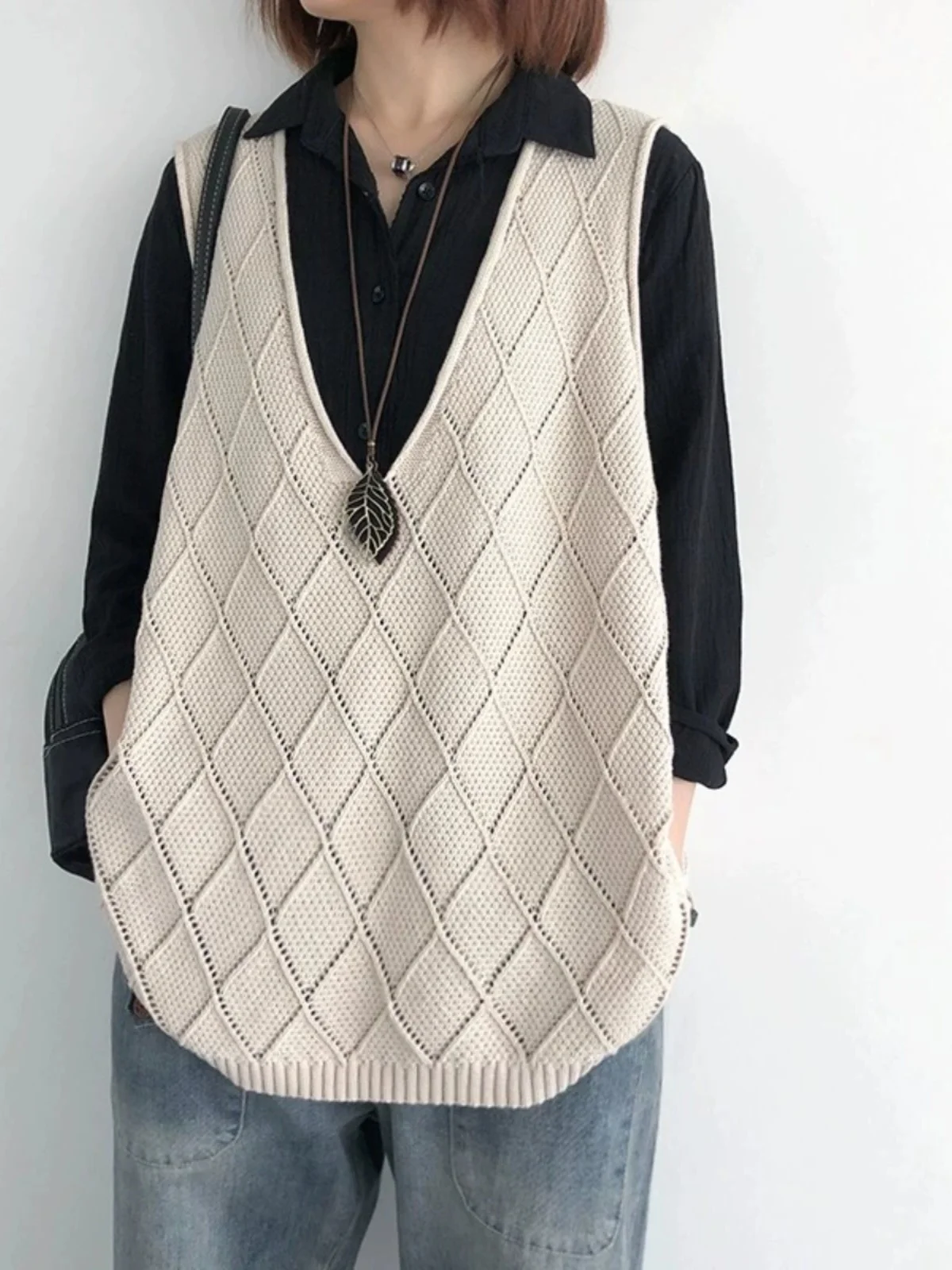 

Loose Knitted Sweater Vest Women's V-Ne Retro Sle plus Size Spring Autumn Faion Korean Version Cotton Casual Top