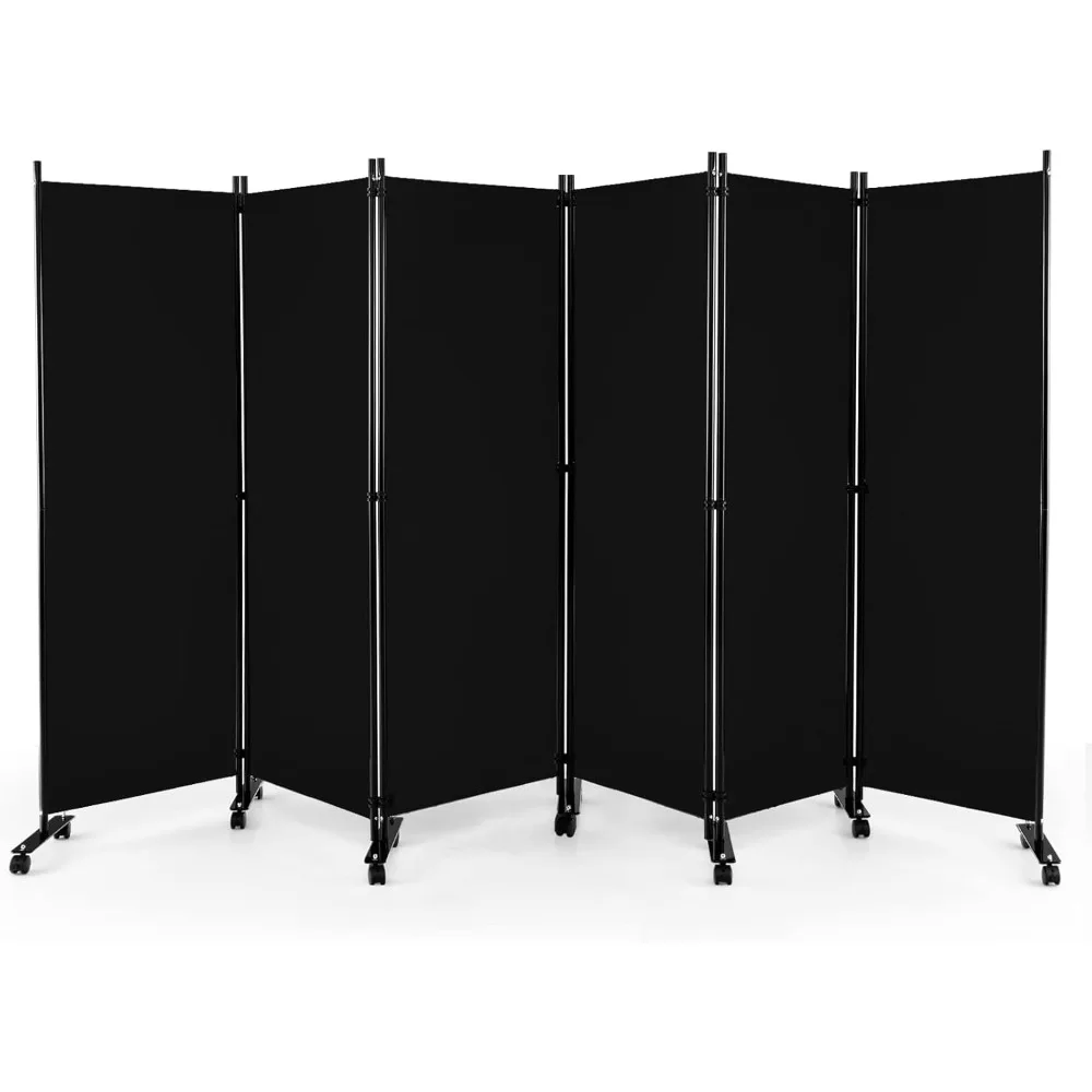 6 Panel Room Divider, 5.6Ft Tall Folding Privacy Screen with Wheels, Portable Freestanding Wear-Resistant Fabric Partition