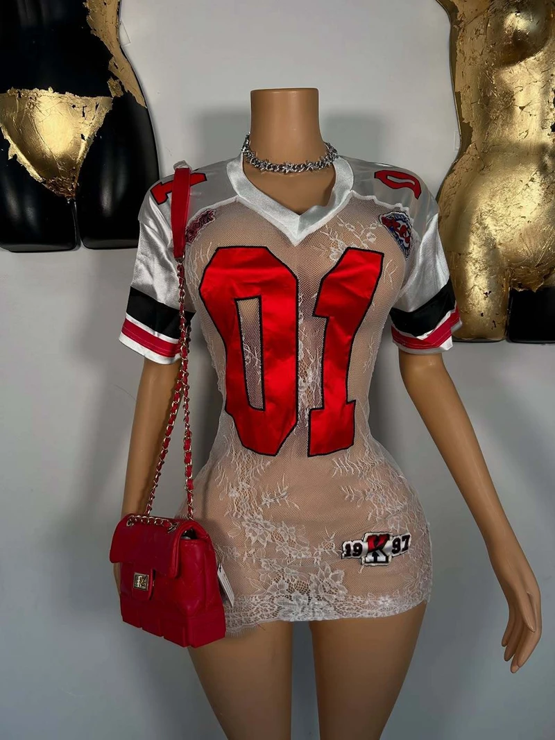 STYLISH LADY Number Printed Lace Dress 2025 Summer Women Short Sleeve V Neck Bodycon Sexy Club Party See Through Mini Dresses