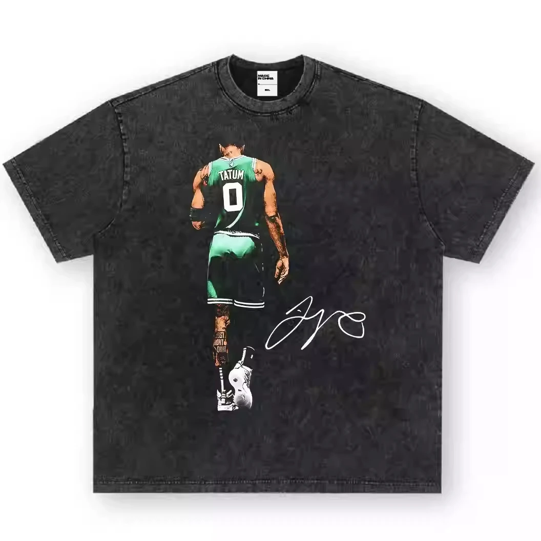 

2025 Tatum, An American Football Star's Retro Print Trendy Brand, Washed and Aged Pure Cotton Heavy-duty Short-sleeved T-shirt