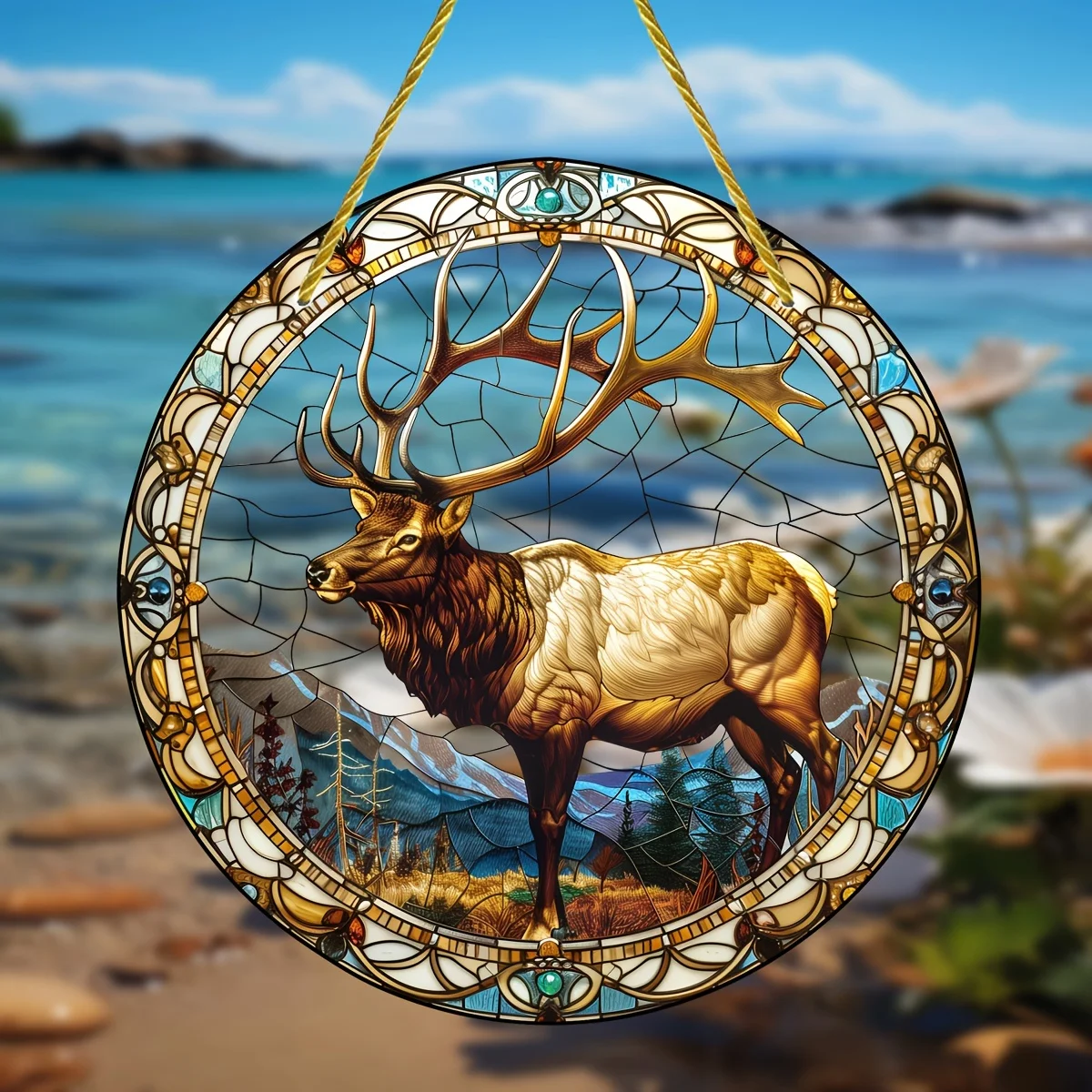 Charming Elk Stained Glass-Style Window Hanging-Round Acrylic Light Catcher For All Seasons,Living Room-Ideal Birthday Gift