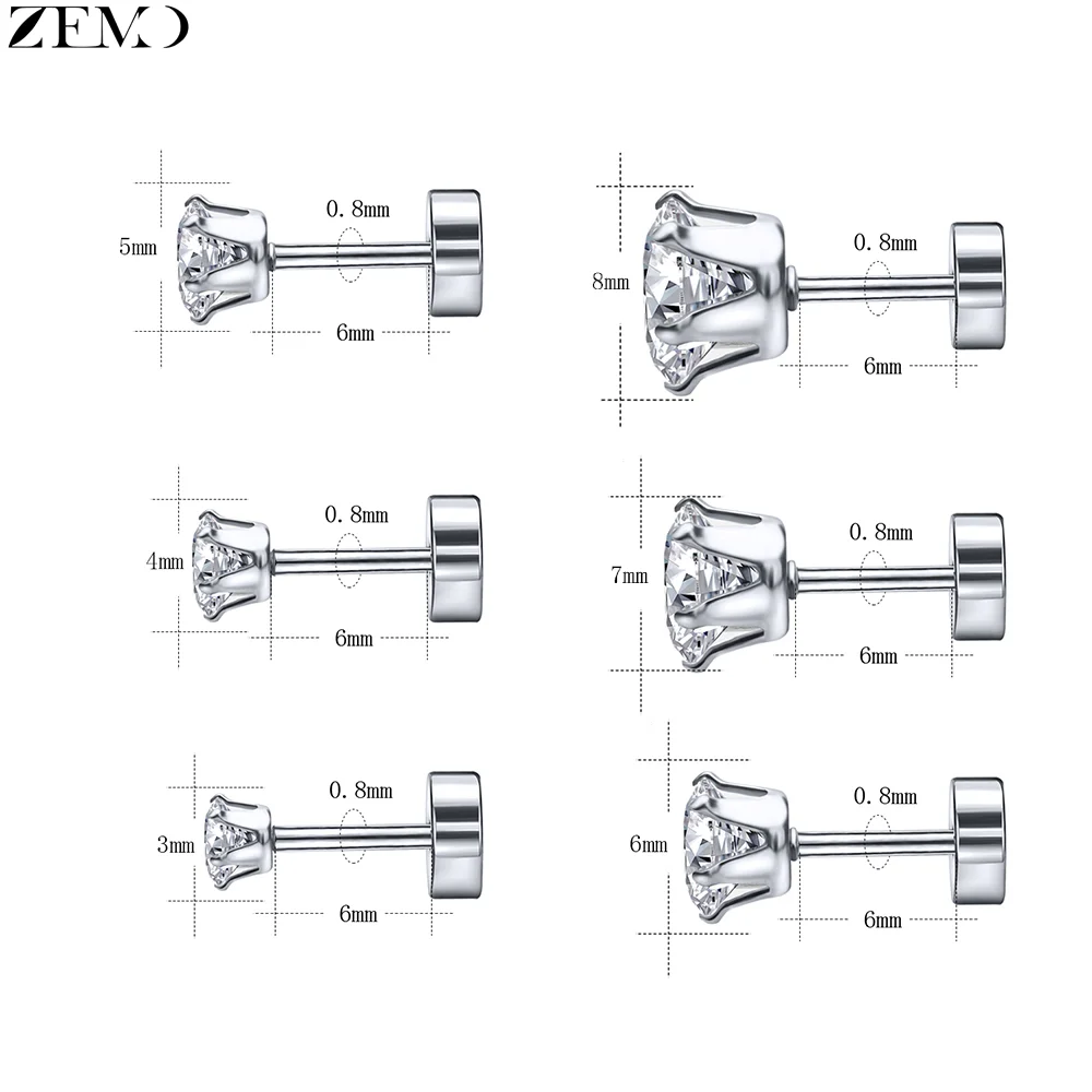 ZEMO 1 PC 20G Stainless Steel Ear Studs 3/4/5/6/7/8MM Zircon Stud Earring Black Silver Color Cartilage Hellix Piercing Flat Back