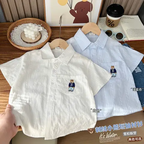 2025 Summer Boys Casual Breathble Soft Short Sleeve Blouse with Embroidery Bear