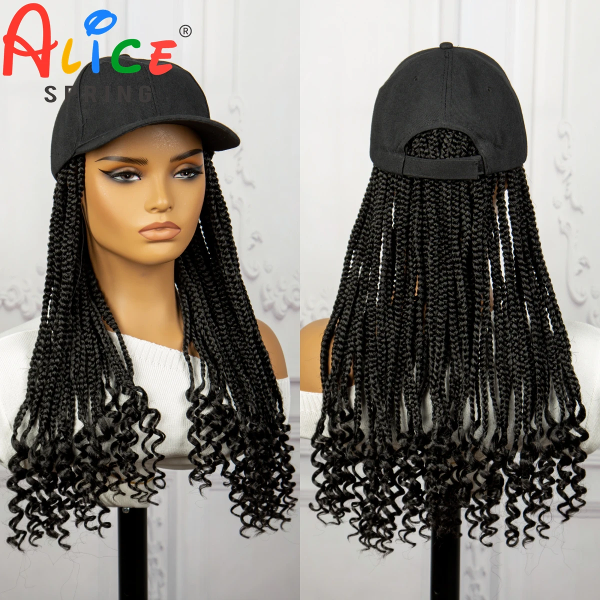 Natural Baseball Hat Wig with Synthetic Curly Ends Kontless Braided Hair Extensions 18 Inch Adjustable Braided Hat Wig for Women