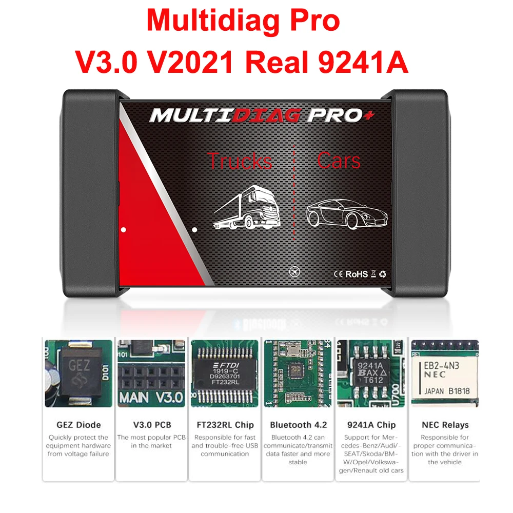 Multidiag Pro 2021.11 2021.10b VCI With Keygen V3.0 NEC Relays CDP Bluetooth OBD Scanner 8PCS Cars Trucks Cable Diagnostic Tools