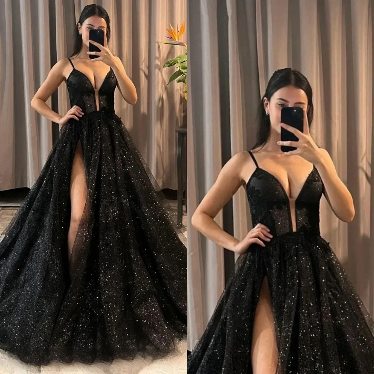 Sweetheart Black Prom Dresses Straps Appliques Glitter Party Evening Gowns Split Formal Red Carpet Long Special Occasion Dress 1