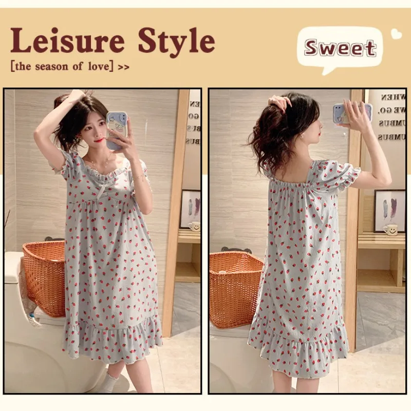 M-2XL Summer Print Sleep Dress Large Size Women's Bra Free Loose Home Clothes Girl Sle Korean Version Square Collar Nightgown
