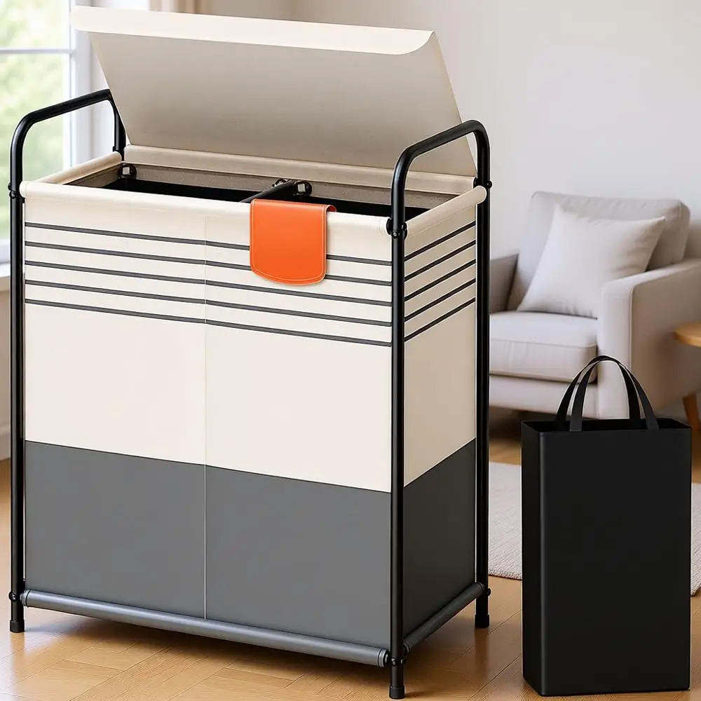 

Серый двухсекционный корзин для белья на 120 л с крышкой и съемными мешками для дома и общежития