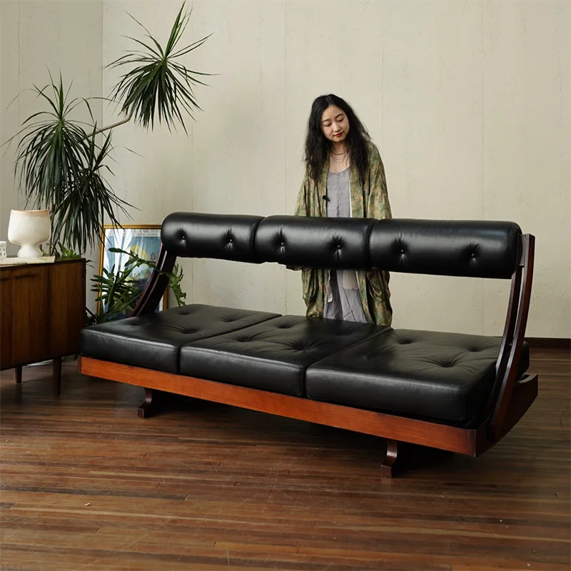 كرسي كلاسيكي من الجلد الطبيعي على الطراز العتيق أريكة Gianni Songia معنقدة بتصميم منتصف القرن أريكة سوداء متعددة المقاعد #1