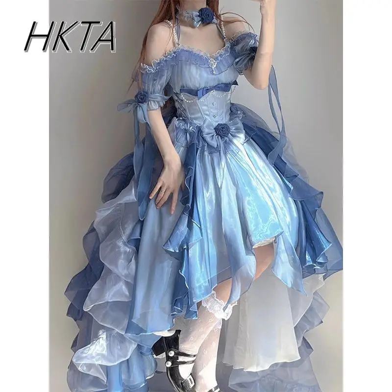 Kawaii Sweet Maxi Dress Women Lolita Blue Wedding Ruffle Long Dress Female High Sense Heavy Industry Fluffy Princess Dresses