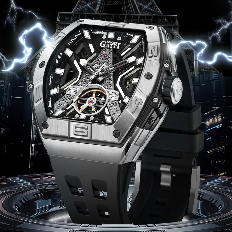 

Мужские механические часы BONEST GATTI, новый дизайн, 46 мм, циферблат «Эйфелева башня», скелетонизированный, с сапфировым стеклом, ремешок из каучука, легкая роскошь