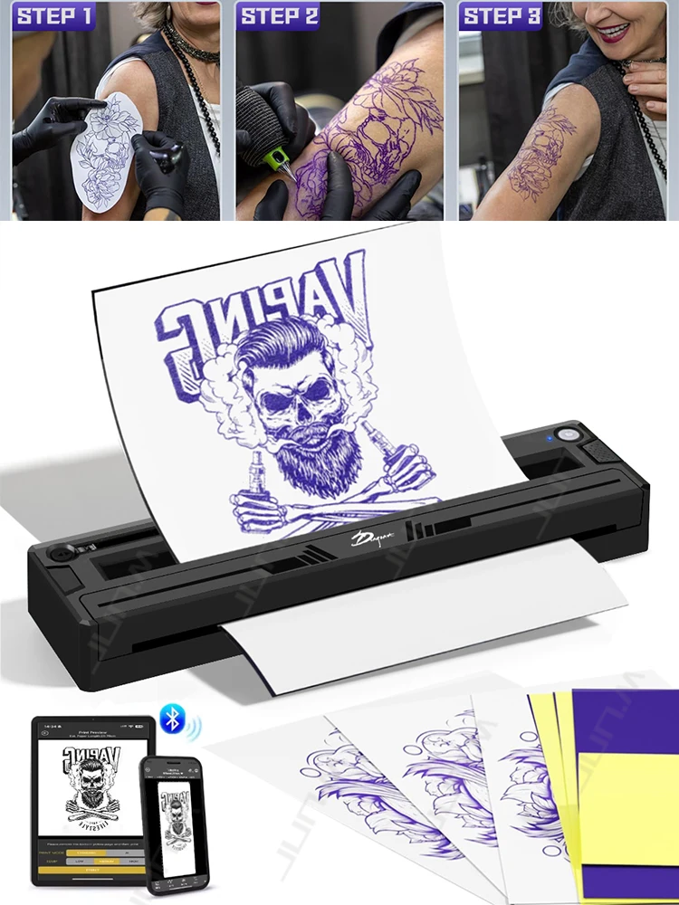 Imprimante de pochoirs de tatouage sans fil ou papier de transfert, imprimante thermique portable pour artistes tatoueurs compatibles smartphone et PC