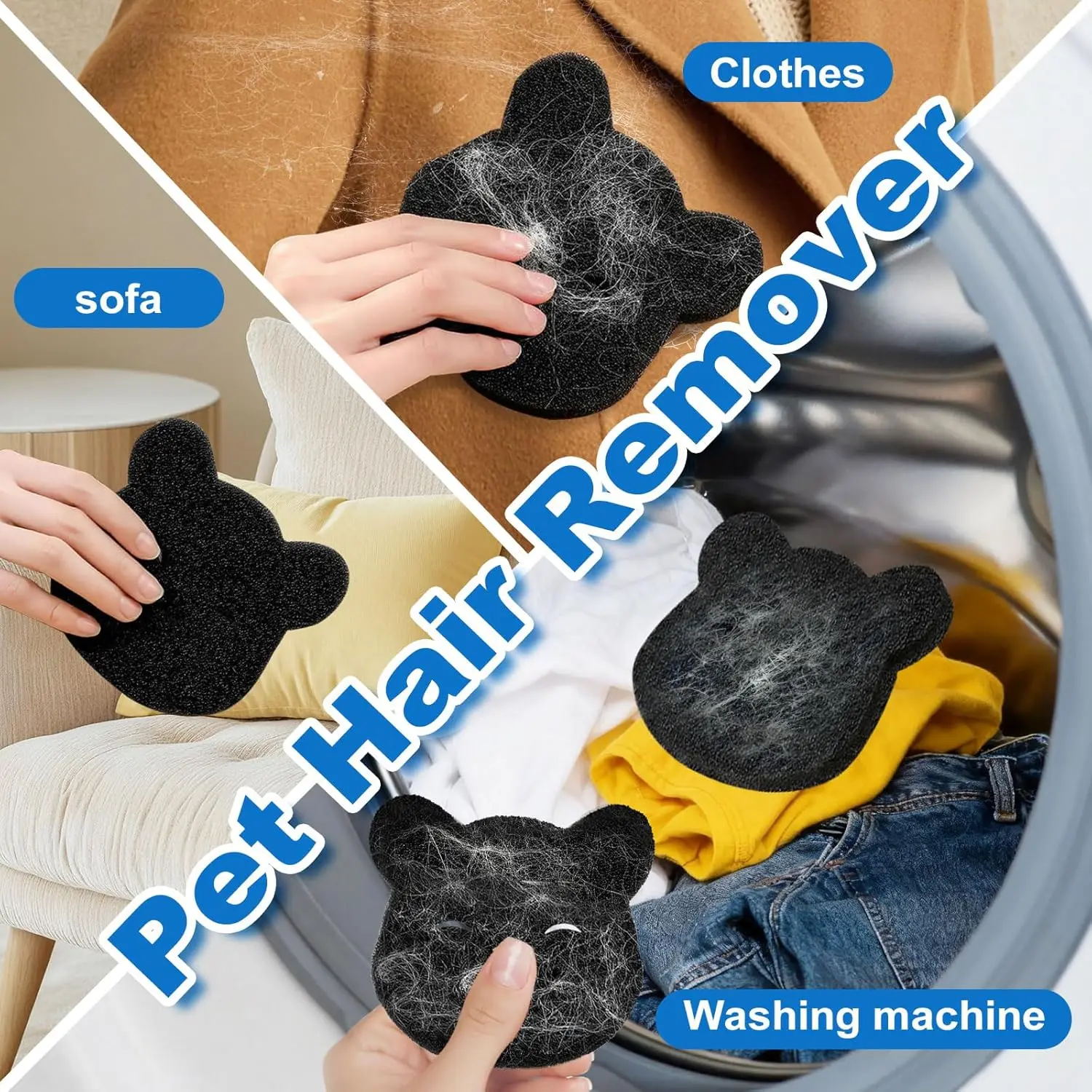 64pcs Bear Shape Laundry Balls Lint Catcher Reusable Pet Hair Remover Cleaning Sponge for Clothes Sofa Cat Dog Home House