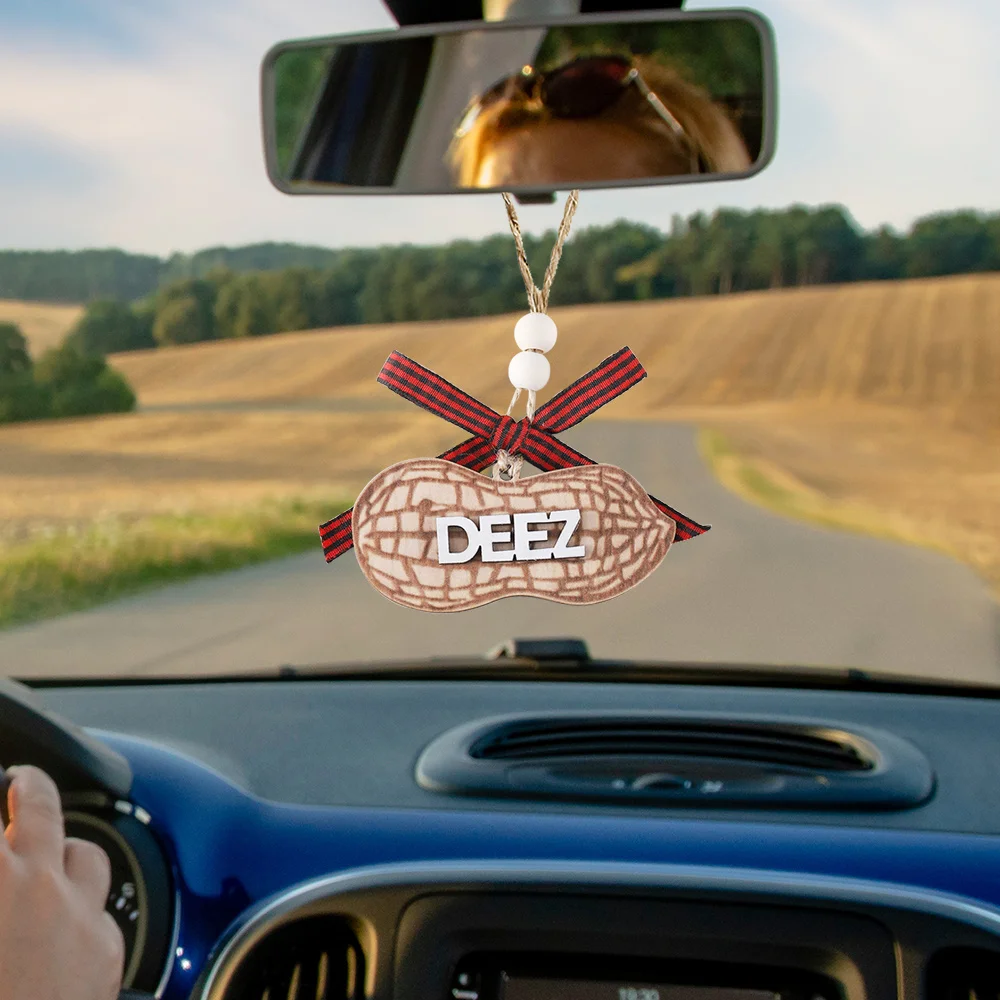 1PCS Carved Wood Deez Nuts Hanging Ornament - Humorous Adult-Themed Peanut Design Rearview Mirror Decoration