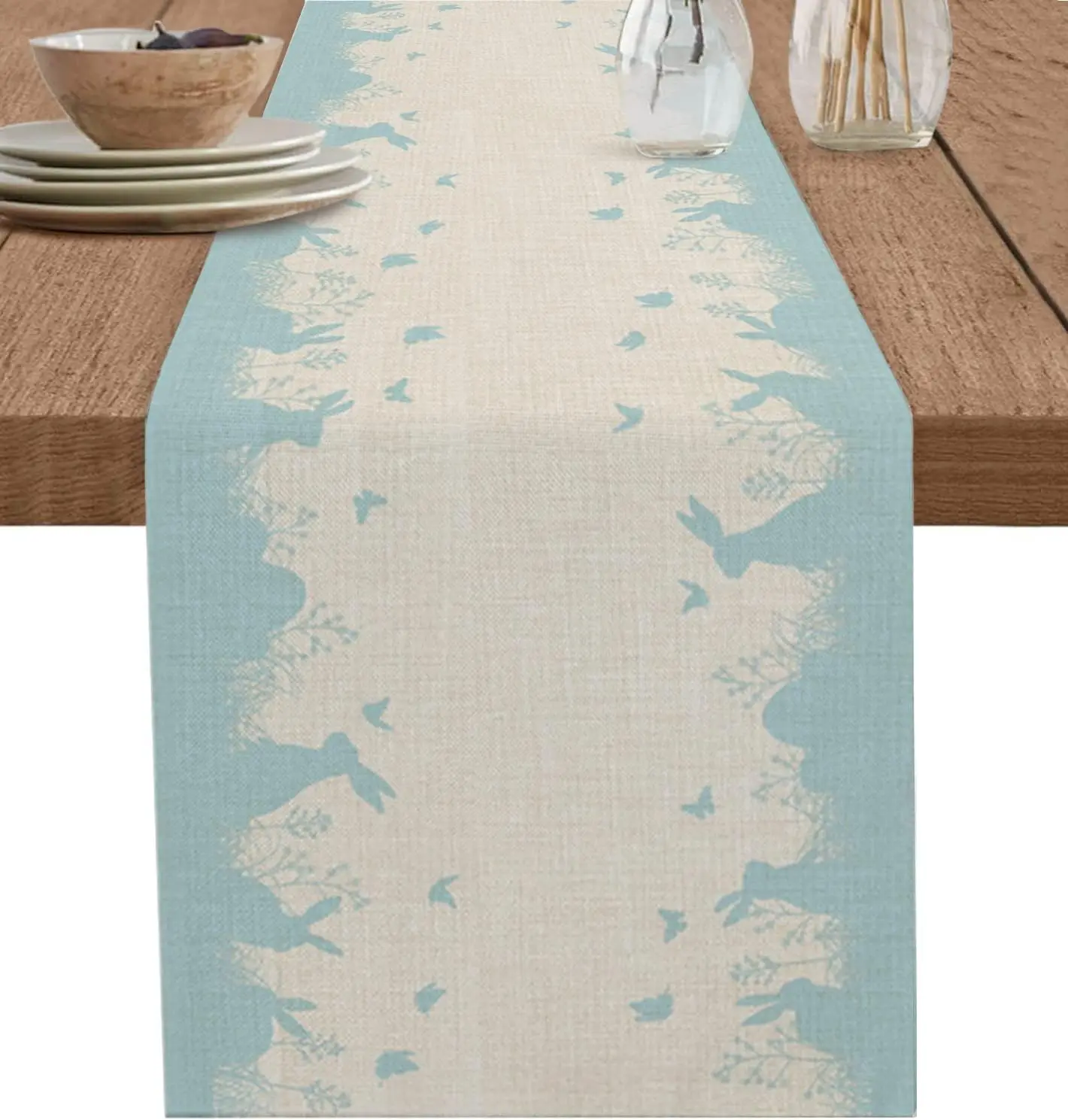 Easter Blue Bunny Silhouette Linen Table Runner Party Decor Reusable Farmhouse Kitchen Dining Table Runner Easter Decorations