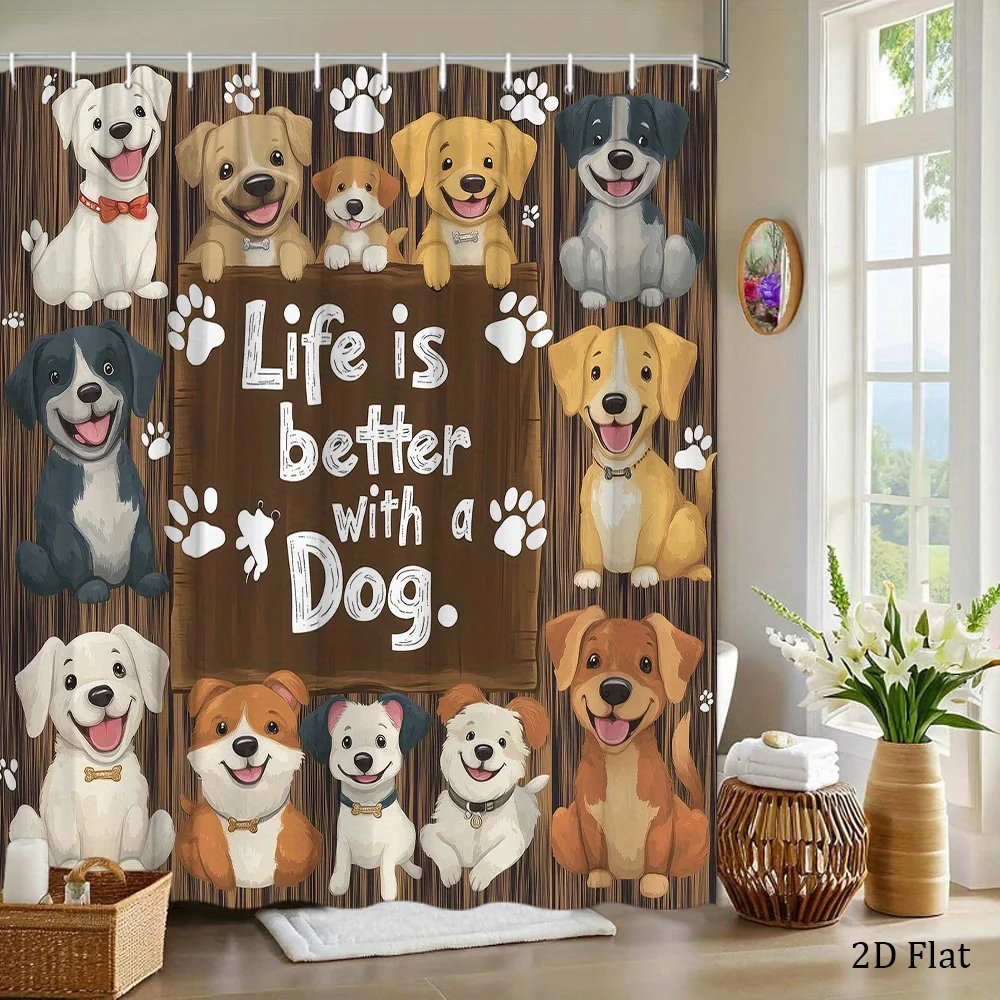1pc a Shower Curtain Featuring Cartoon Dogs, Showcasing Twelve Charming Dogs Along with a Wooden Sign That Says Life Is Better w