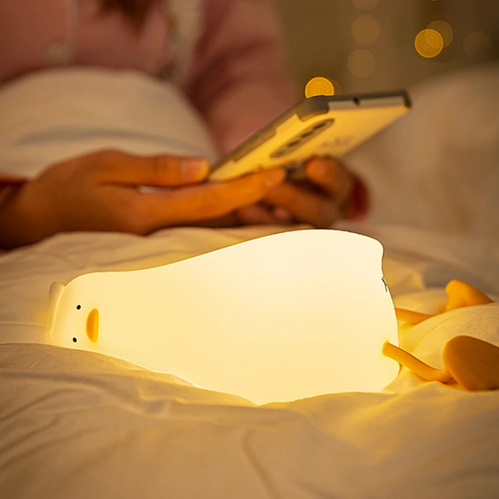 Led Children Night Light Creative Laydown Duck Rechargeable Lamp USB Lights Soft Silicone Sleeping Lamp Bedroom Desktop Decor