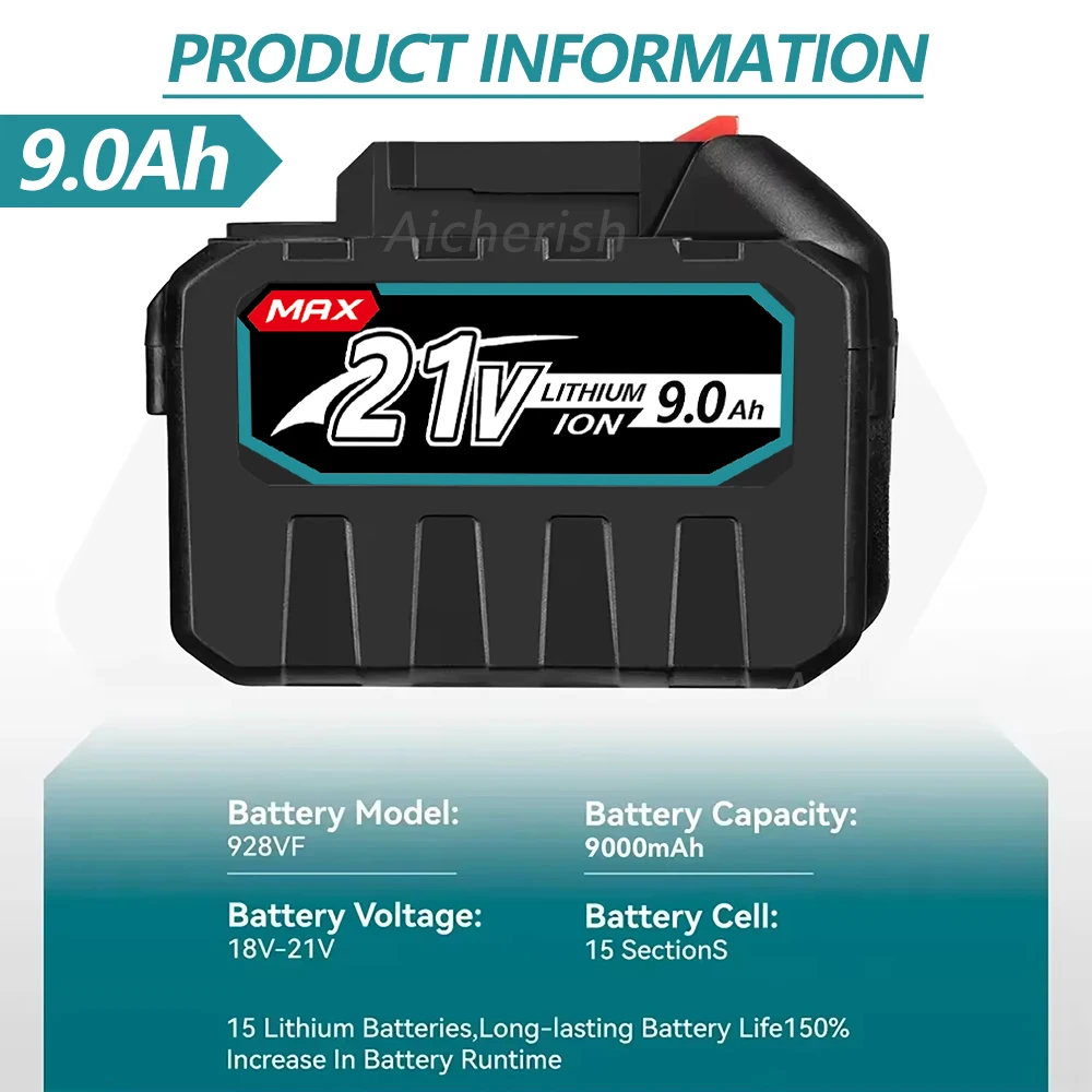 Batterie Lithium-ion à charge rapide 21V 9000mah, pour outils électriques, adaptée au BL1850 BL1840 BL1440 (196391-6)