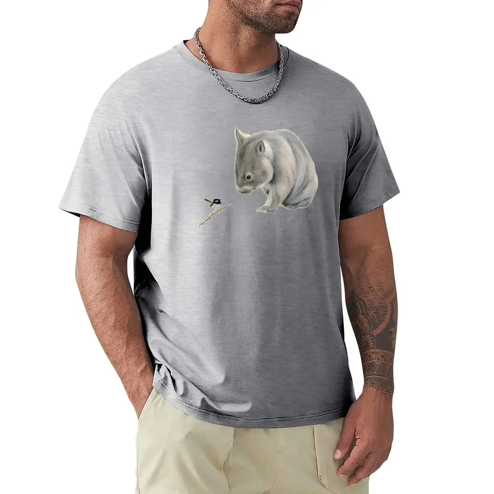 vintage t shirt mens plain t shirts Wombat and Blue Wren Friends with signature. Superb blue fairy wren. T-Shirt Cartoon