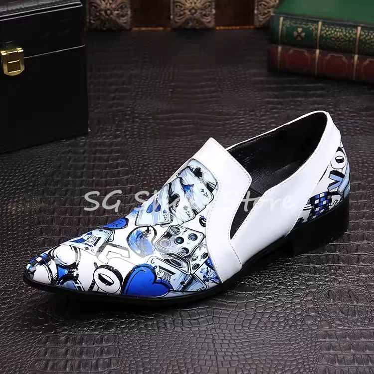 

Mixed Color Prints Pointed Toe Chunky Heel Shallow Loafers Luxury Wedding Dress Shoes for Men Male Genuine Leather Driving Shoes