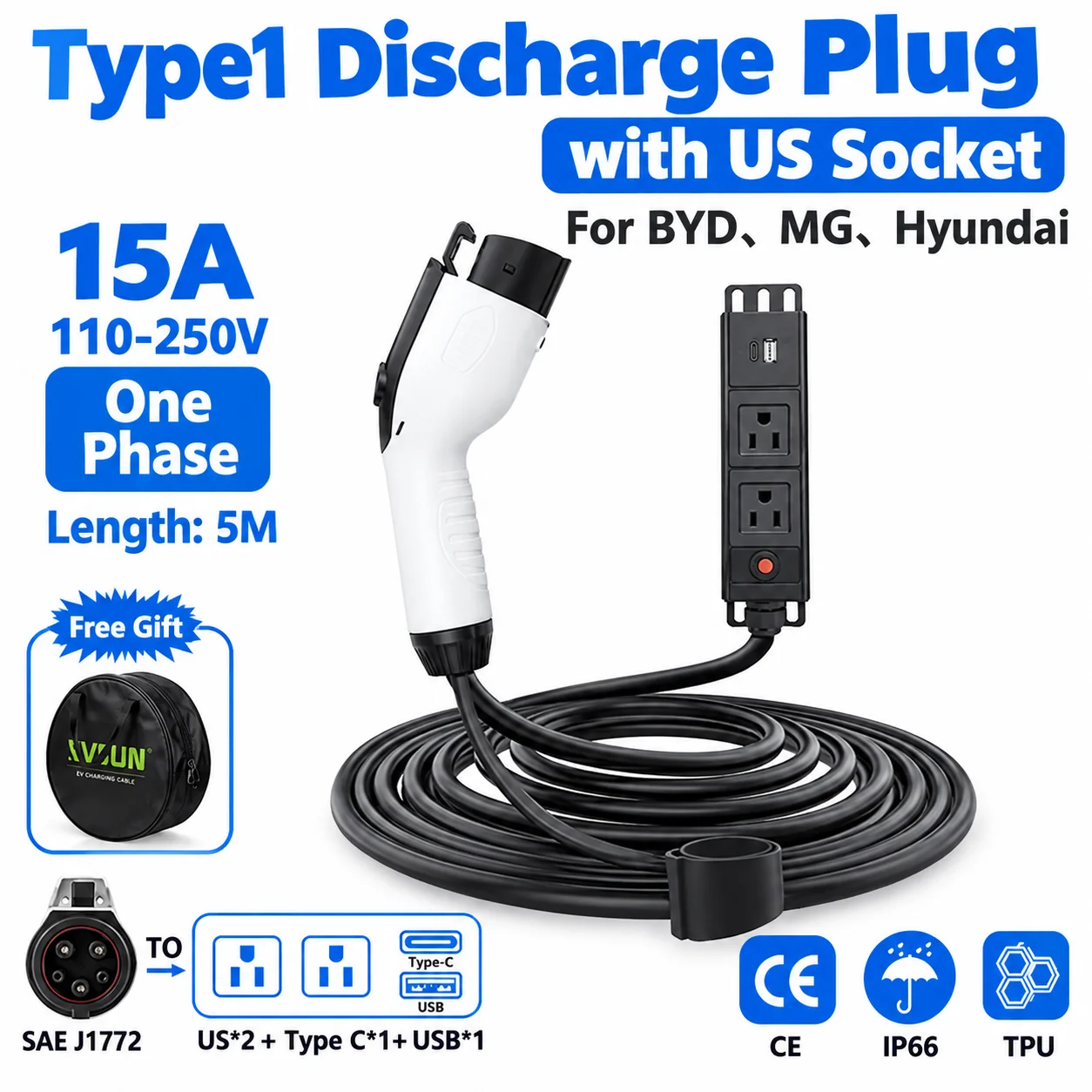 EVMBO Vehicle to Load Adapter V2L Type1 15A 250V AC Electric Car Side Discharger Plug  J1772 with US Socket For Kia Genesis