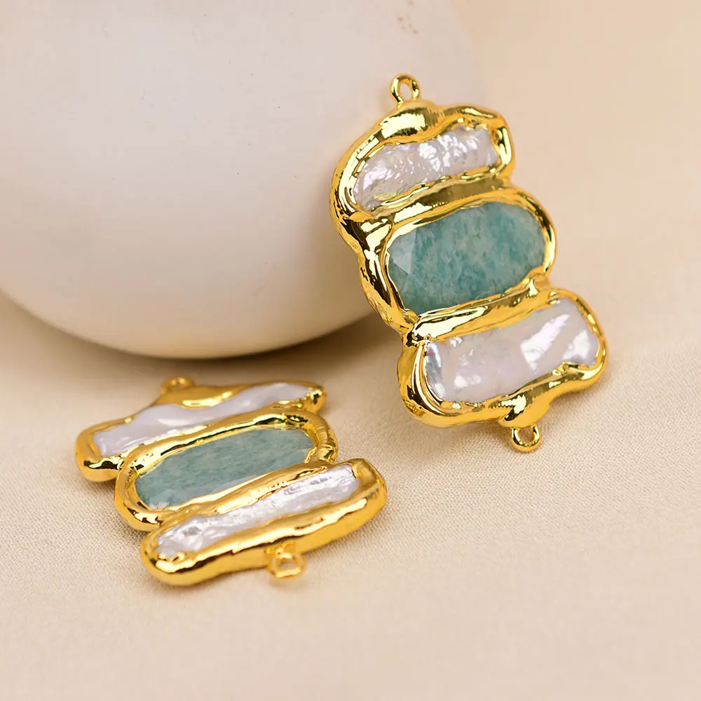 APDGG 2Pcs Natural Green Amazonite White Biwa Pearl Gold Plated Connector Jewelry Making DIY
