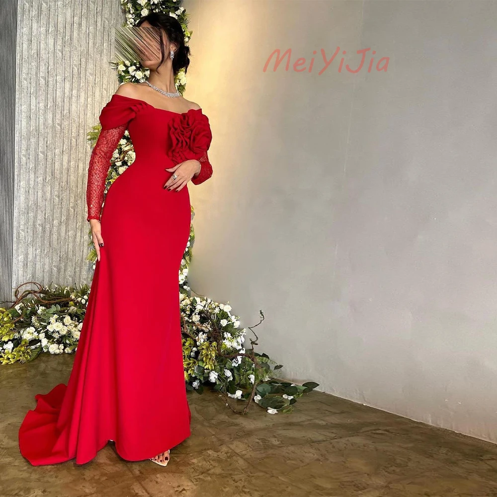 Meiyijia Off-the-shoulder Ruffles Flowers Long-Sleeves Floor-Length robes de soirée  فساتين سه  Arabia 2024 Sexy Evening Dresses