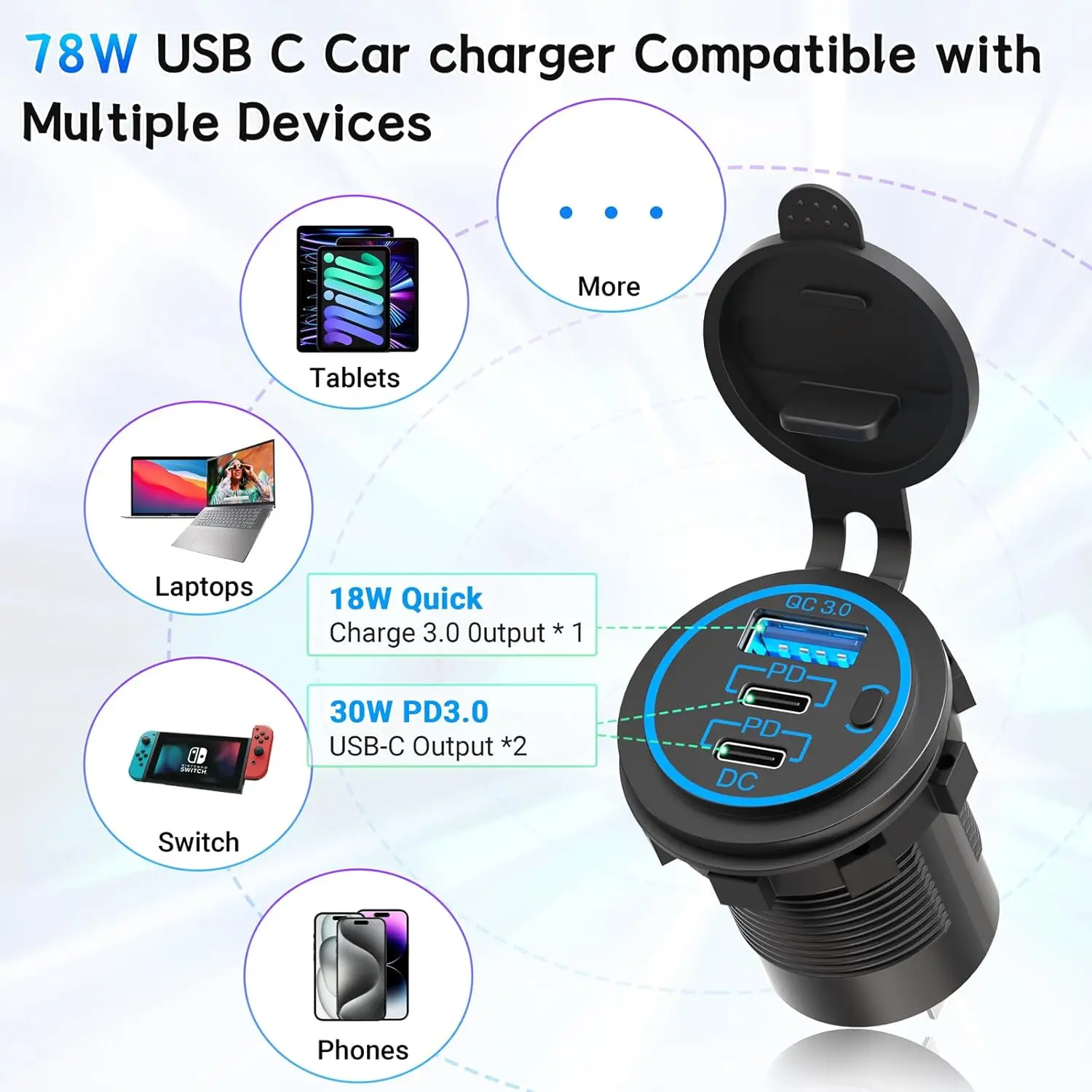 12V USB Car Socket Panel Quick Charge 3.0 20W Dual PD USB C Socket Outlet Cigarette Lighter Adapter for Car Boat RV Motorcycle