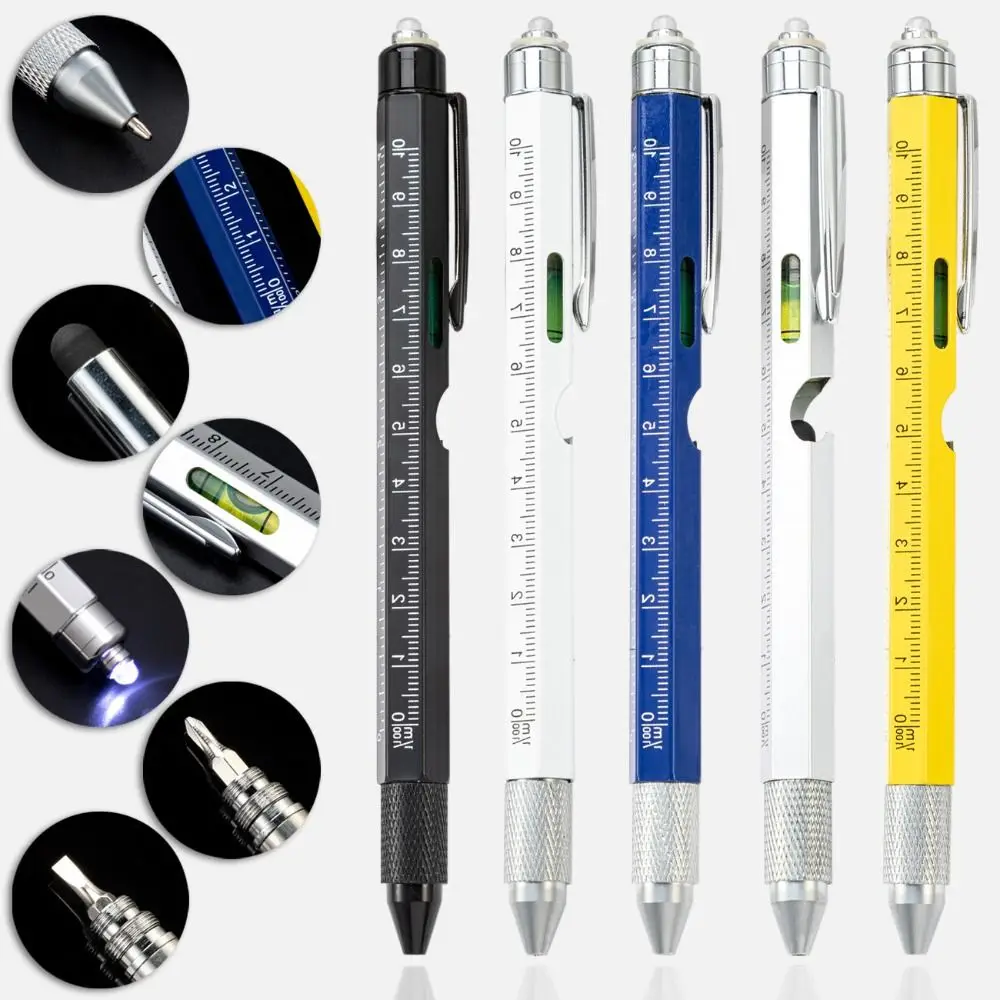 Metal Multi Tool Pen 9-in-1 With LED Light Spirit Level Screwdriver Ruler Outdoor Tool Pen Woodworking Pen Outdoor Tool Pen