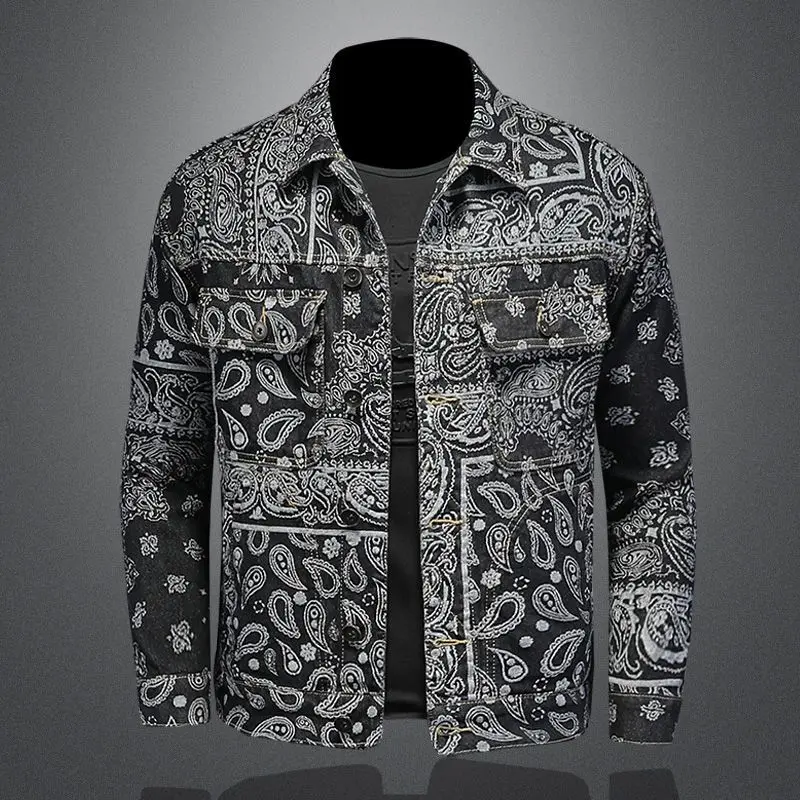 Fashion casual denim jacket men's cashew flower lapel multi-pocket slim lovers fashion