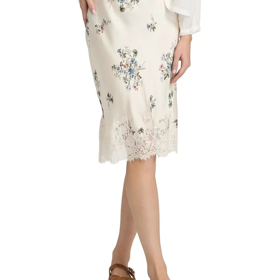 2026 Women Flower Print Knee-length Skirt 100% Silk Lace Embroidery Patchwork High Waist Casual Slim Jupe