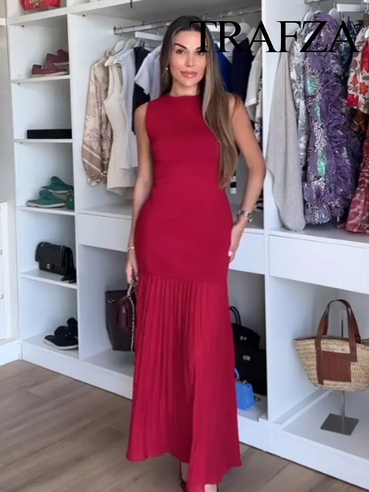 

TRAFZA Woman's New Fashion Slim Solid Long Dresses O-Neck Sleeveless Splicing Dresses Female Elegant Knitted Dress 2 Color