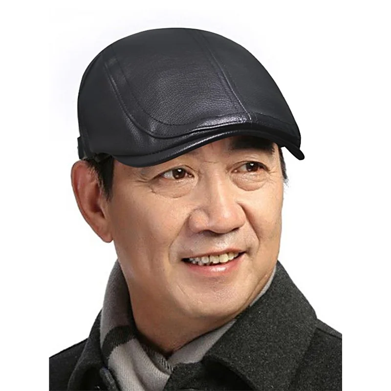 Men's Genuine Leather Beret Hat Autumn Winter Outdoor Warm Duckbill Cap Versatile Cold Proof for Middle-Aged And Elderly - view 3