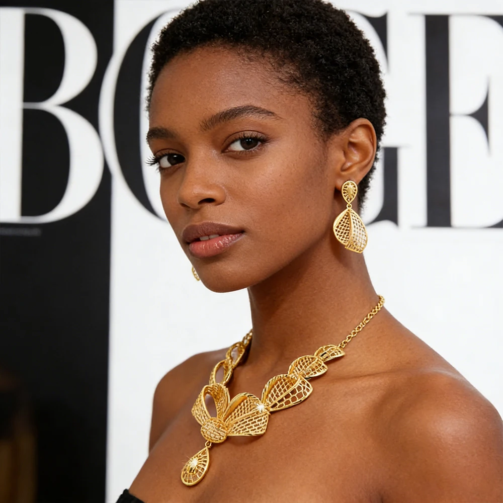

Women Design Necklace African Jewelry Earrings Dubai Drop Earrings Jewelry Set Luxury Gold Color Necklace Wedding Gifts Party