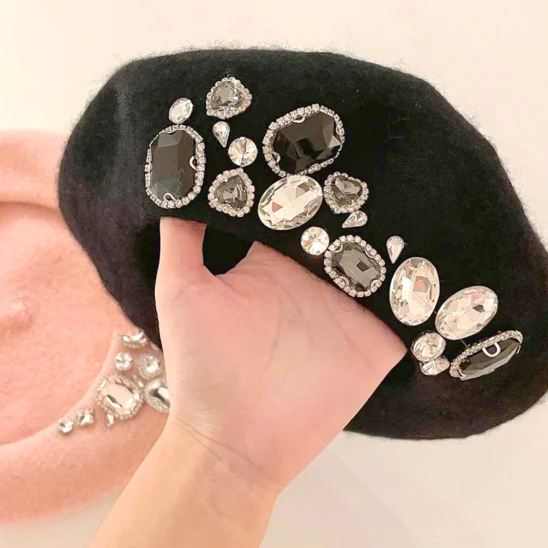 Women Autumn Winter Wool Berets Hat Luxury Rhinestone Decor Fashion Warm Beanie Cap Korean Vintage Artist Painter Berets Hats