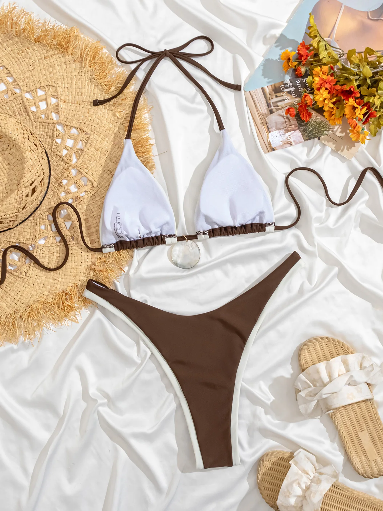 Sexy Bikini a Due Pezzi con Patchwork e Allacciatura al Collo, Costume da Bagno a Vita Alta, Set Bikini Tankini