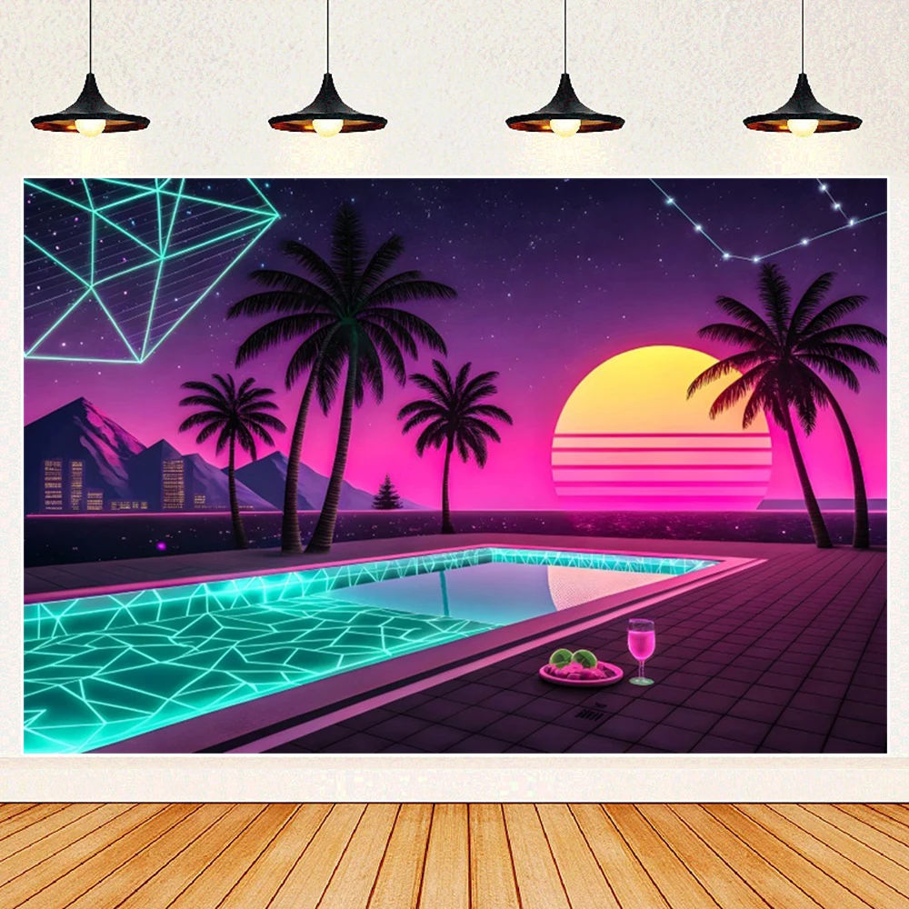 Summer Pool Party Sunset Sfondo Neon Albero di cocco Ruota panoramica Vacanza hawaiana Festa di compleanno Sfondo Photo Booth Puntelli