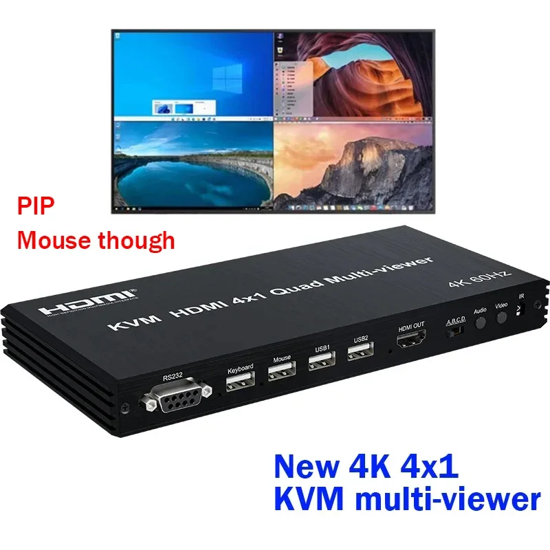 4K 60Hz HDMI Multiviewer KVM Switch 4x1 USB Quad Multi-Viewer PIP 90° 180° Flip for 4 PCs Share USB Keyboard and Mouse Control