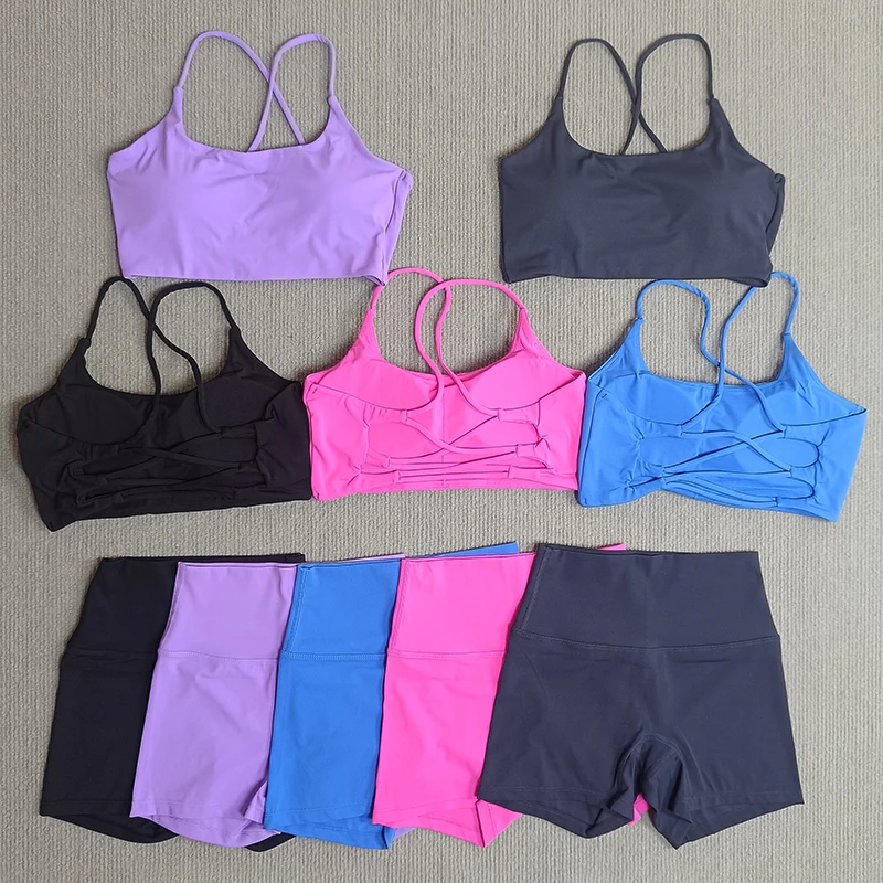 

2 Piece Yoga Shorts Bra Set Gym Sports Set The Beautiful Back Cross Back Bra Top High Waist Shorts Running Workout Tracksuit