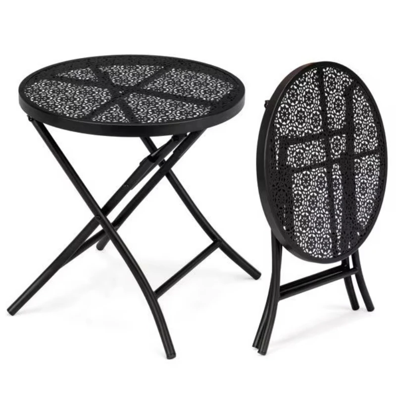 18-Inch black metal steel folding outdoor coffee table with unique flower hollow design