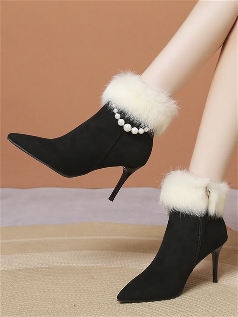 Autumn And Winter Fashion New Sexy Side Zipper Plus Velvet Pointed Toe Stiletto Warm And Comfortable Women\'s Boots