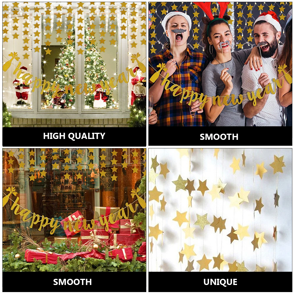 

Happy New Year Pull Flag Gold Party Decorations Glitter Paper Banners Machine Cut Smooth Edges Reusable Courtyard Family