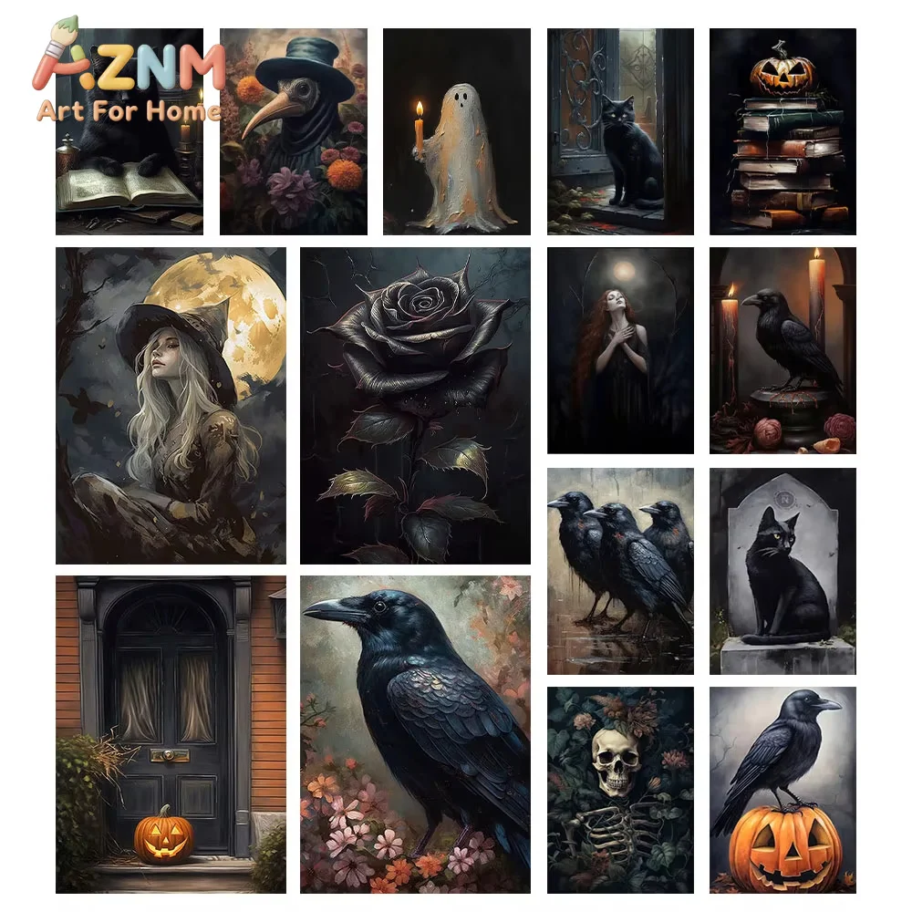 1PC Dark Academy Wall Art Poster Prints Pumpkin Monster Witch Ghost Halloween Background Canvas Painting Picture for Room Decor