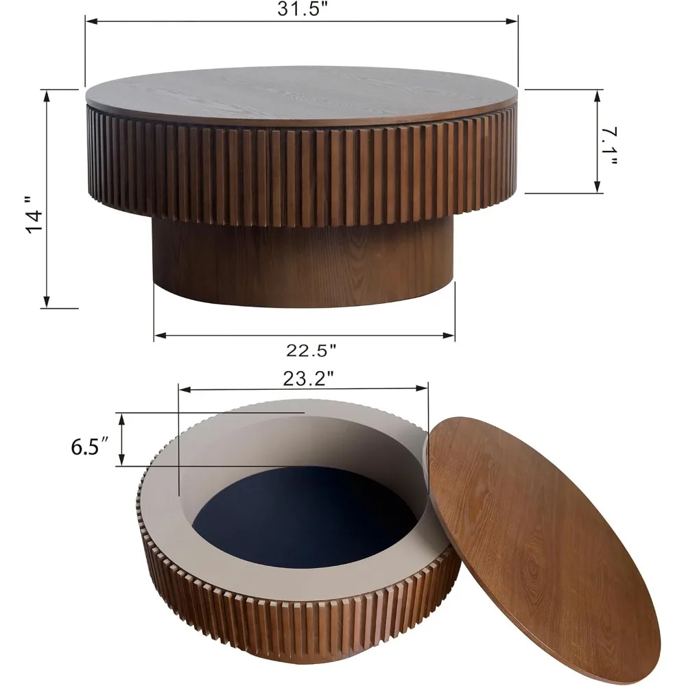 Round Coffee Table with Storage, Modern Luxury Circle Drum Center Table with Solid Wood Veneered, Accent Side Table