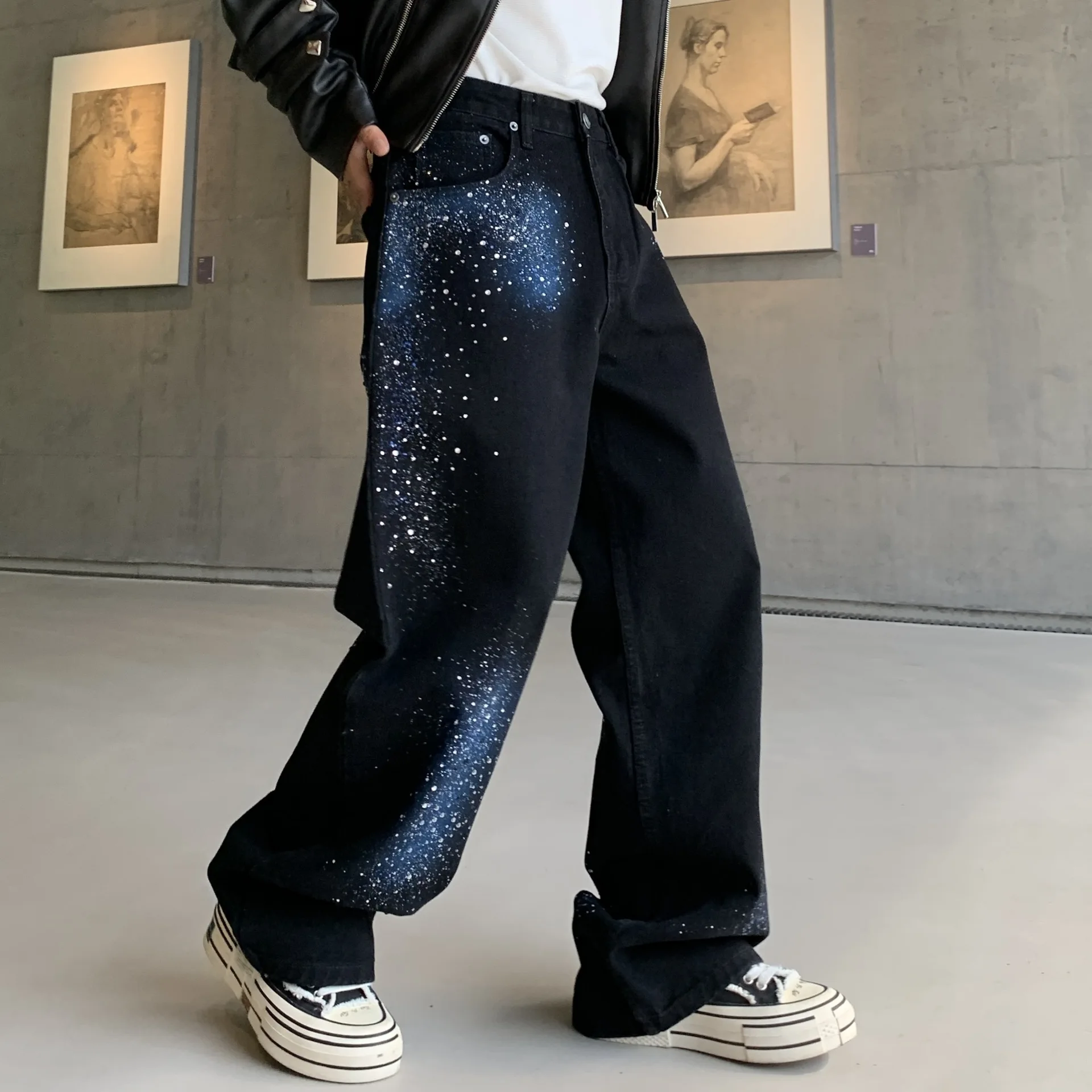 Men's Vibe Style Y2K Hip Hop Jeans Pants Fashion High Streetwear Painted Denim Trousers Loose Fit Jeans With Hotfix Rhinestone