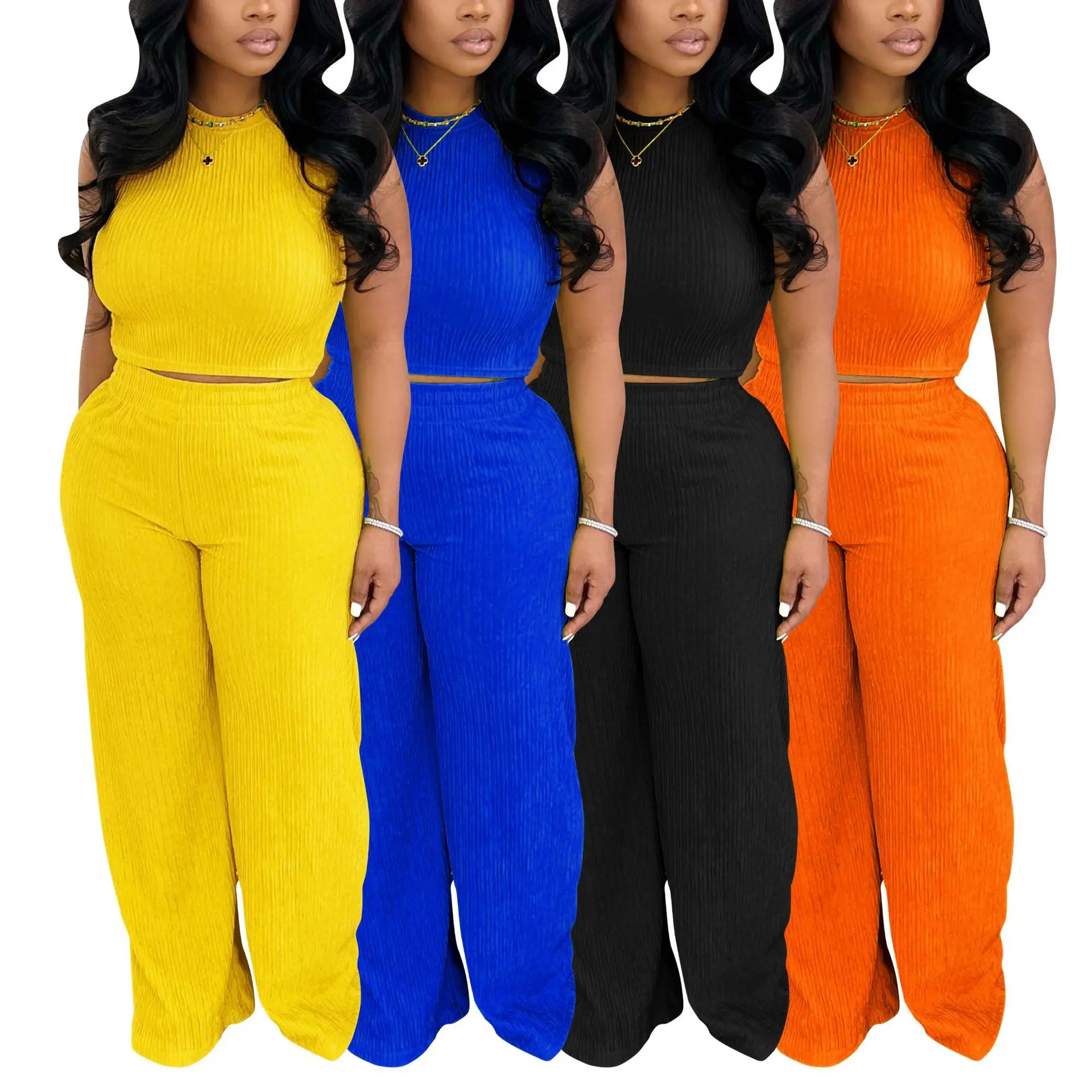 Two Piece Sets Pant Set Women Round Neck Sleeveless Vest Tops Wide Leg Long Pants High Waist Y2k Streetwear Elegant Summer 2026
