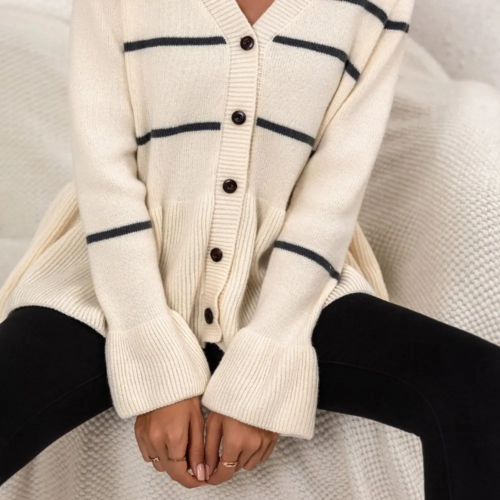 Cardigan casual com gola redonda, manga longa, tubo reto, sem decoração, malhas femininas com frente aberta