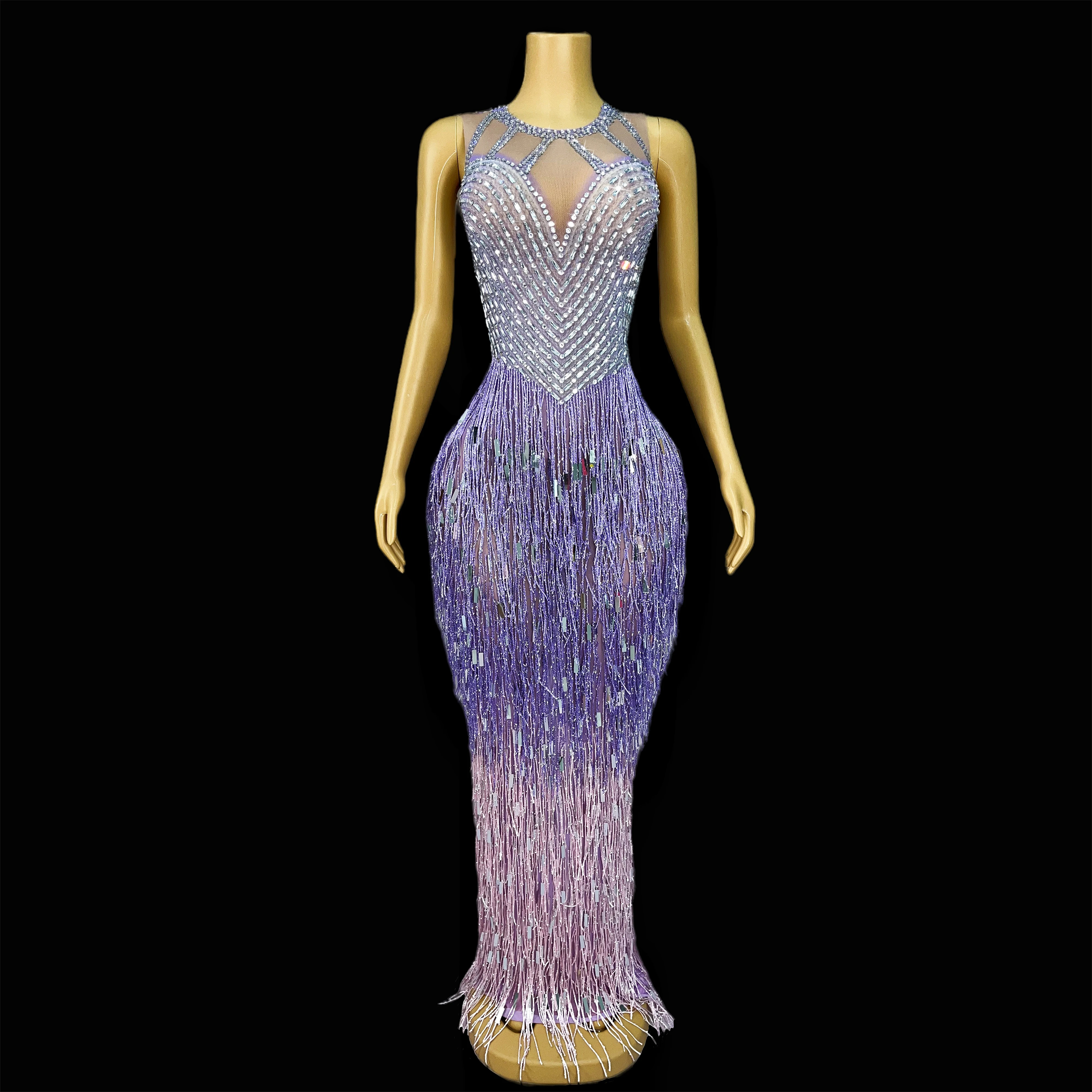 New luxury birthday celebration purple pink fringed rhinestone dress sleeveless sexy sequin collection piaoliu