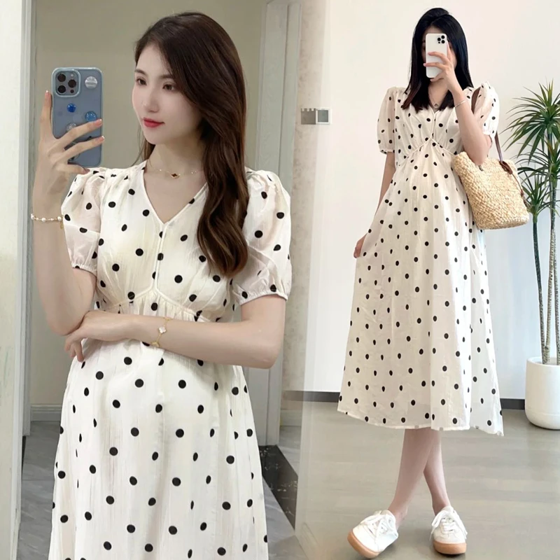 vestido-elegante-para-mujer-con-forro-estilo-coreano-vestido-de-verano-para-embarazadas-con-lunares-cintura-alta-manga-abullonada-cuello-en-v