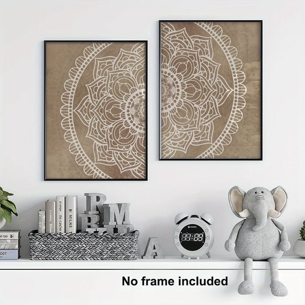 

2pcs Abstract Beige Mandala Wall Art Poster, Frameless Retro Bohemian Style Canvas Poster for Living Room and Bedroom Decortions